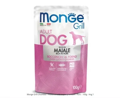 Monge Grill, Xs-Xl, Porc, plic hrană umedă câini, (în suc propriu), 100g