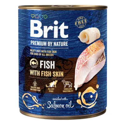 Brit Premium by Nature, Xs-Xl, Pește și Piele de Pește, conservă hrană umedă fără cereale câini, (în suc propriu), 800g