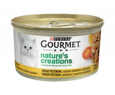 Purina Gourmet Nature's Creations, Pui cu Spanac și Roșii, conservă hrană umedă pisici, 85g