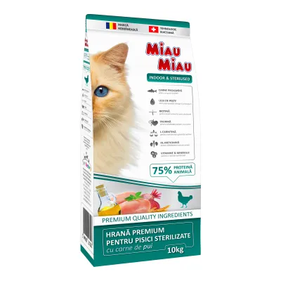 Miau Miau Indoor, Hrană Uscată Pisică Adult, Sterilizată, Pasăre, 10kg