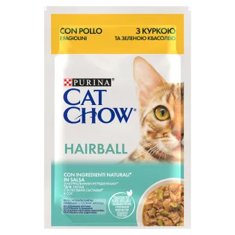 Cat Chow Hairball, Pui și Fasole verde, hrană umedă pentru pisici 1x 85g