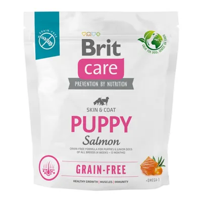 Brit Care Grain-Free Puppy, Xs-Xl, Somon, hrană uscată fără cereale câini junior, piele & blană, 1kg