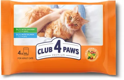 Club 4 Paws Multipack Hrană umedă pentru pisici, cu Pui și Somon 4x85g