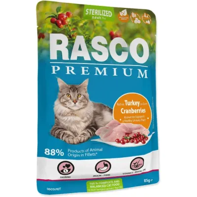 Rasco Premium Sterilized Plic pentru pisici adulte, Curcan și Merișoare 85g