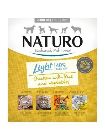 Naturo Low Grain Light, XS-L, Pui și Legume, tăviță hrană umedă conținut redus cereale câini, managementul greutății, (în aspic), 400g