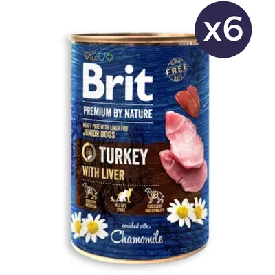 Hrană Umedă Câine Junior, Brit Premium by Nature, Curcan și Ficat, 6x400g