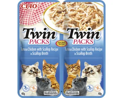 Inaba Ciao Twin Packs, Ton, Pui și Scoici, plic hrană umedă fără cereale pisici, (topping), 80g