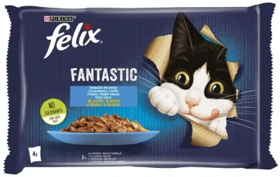 Purina® Felix® Fantastic Selecție de Pește, cu Somon, Pește Cambulă în aspic, hrană umedă pentru pisici, 4x85 g