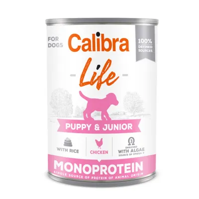 Calibra Life Puppy&Junior, Xs-Xl, Pui și Orez, conservă hrană umedă monoproteică câini junior, (pate), 400g