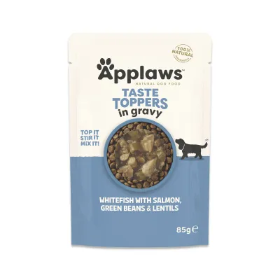 Hrană Umedă Câine Adult, Applaws Toppers, Pește Alb, Somon și Vegetale în Sos, 85g