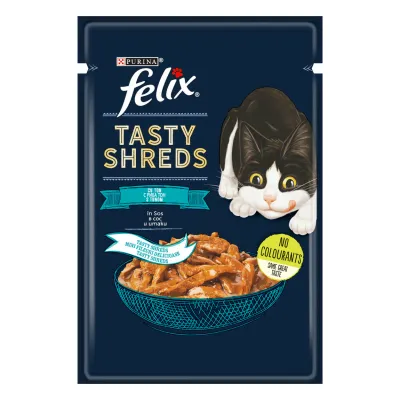 Felix Tasty-Shreds, Ton, plic hrană umedă pisici, (în sos), 80g