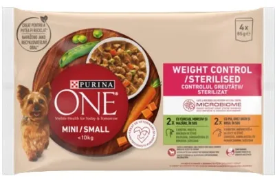 Purina ONE Mini Hrană umedă pentru câini, controlul greutatii,Curcan 4x85g