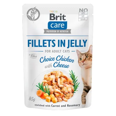 Brit Care Fillets in Jelly Choice, Pui și Brânză, plic hrană umedă fără cereale pisici, (în aspic), 85g