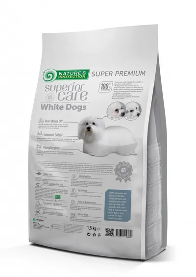 Natures Protection Superior Care White Dogs Small&Mini, Pește Alb, hrană uscată fără cereale câini, reducerea petelor maronii la câinii albi, 1.5kg