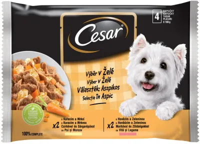 Cesar Pachet plicuri pentru caini Selecții în Aspic, Pui si Vita 4x100g