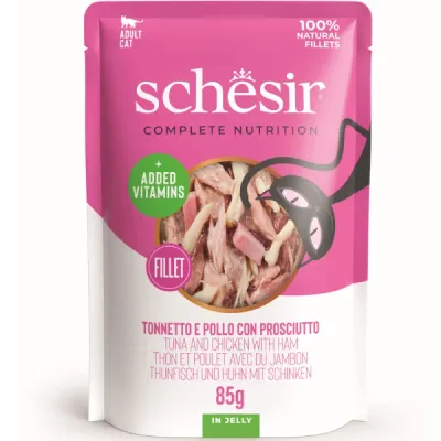 Schesir Jelly Adult cu ton, pui și șuncă în aspic 85 g hrană pisici adulte