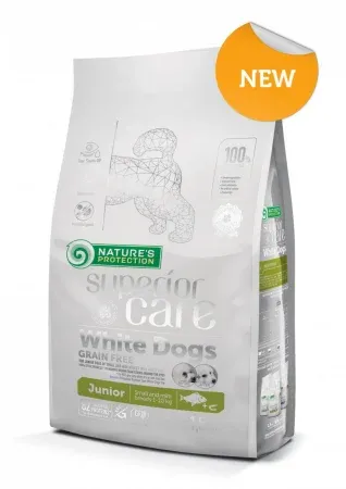 Natures Protection Superior Care White Dogs Junior XS - S, Pește Alb, hrană uscată fără cereale câini juniori, reducerea petelor la câinii albi, 1.5kg