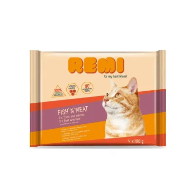 Remi Pachet plicuri pentru pisici adulte, cu Vită/Ficat, Păstrăv/Somon 4x100g