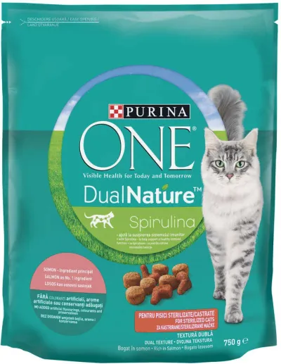 Purina ONE Dual Nature cu Spirulina pt pisici sterilizate, cu Somon 750g