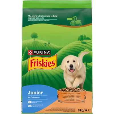 Friskies Hrană uscată pentru câini Junior, cu Pui, Legume și Morcovi 2,4 kg