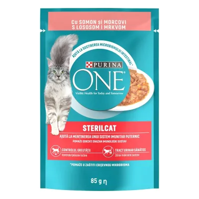 Purina ONE Hrană umedă pentru pisici Adulte Sterilcat, cu Somon/Morcov 85g