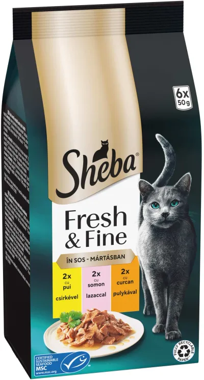 Sheba Fresh&Fine plicuri Mini selecții de Pui, Sormon si Curcan 6x50g