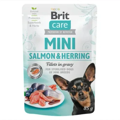 Brit Care Dog Mini Plic Sterilised, File de somon și hering, în sos 85g